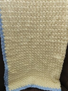 Yellow With Blue Trim Hand Knitted Crochet Baby Blanket